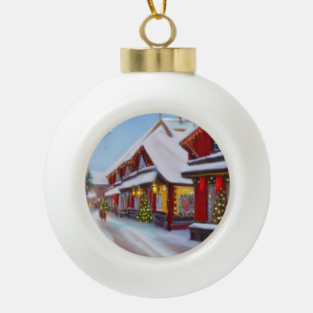 Snowy City street at Christmas Ceramic Ball Christmas Ornament (Front)