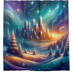 “Snowy Cityscape Under Starry Sky”