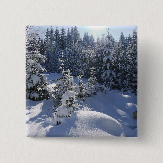 Snowy cold winter landscape 2 inch square button (Front)