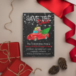 Snowy Colourful Red Truck | Christmas Save the Dat Postcard<br><div class="desc">Colourful Save the Date Christmas party postcard,  featuring a chalkboard background,  a christmas red truck,  a christmass tree,  presents,  string fairy lights,  a star,  snow and a modern template that can be easily personalized.</div>