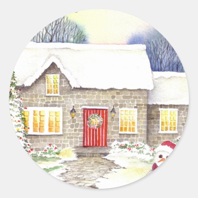 Snowy Cottage Classic Round Sticker (Front)