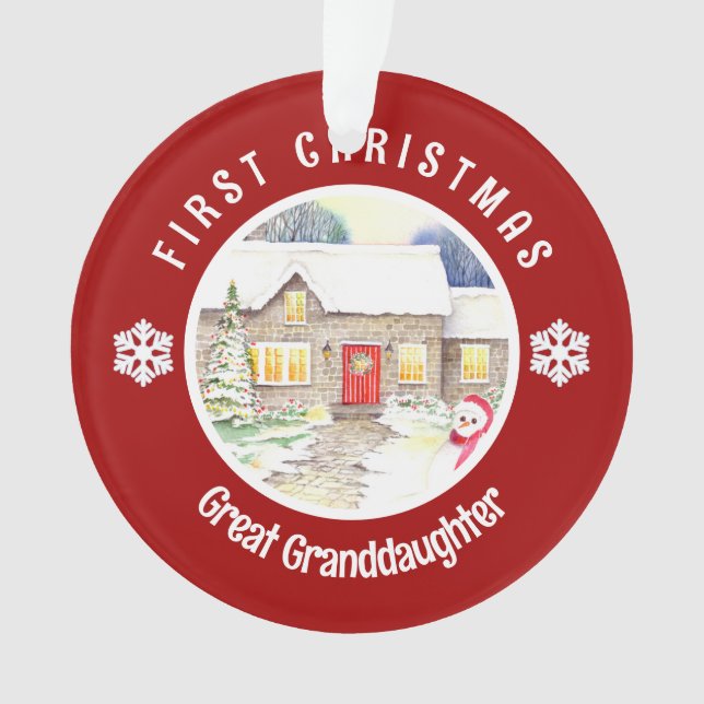 Snowy Cottage First Christmas Red Circle Ornament (Front)