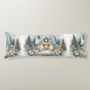 Snowy Cottage Glow Scene Body Pillow