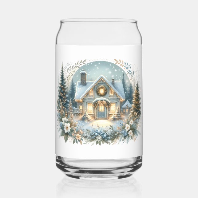 Snowy Cottage Glow Scene Can Glass (Front)