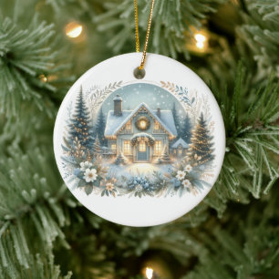 Snowy Cottage Glow Scene Ceramic Ornament