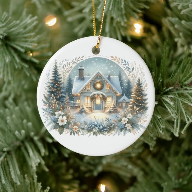 Snowy Cottage Glow Scene Ceramic Ornament (Tree)