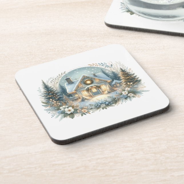 Snowy Cottage Glow Scene Coaster (Left Side)