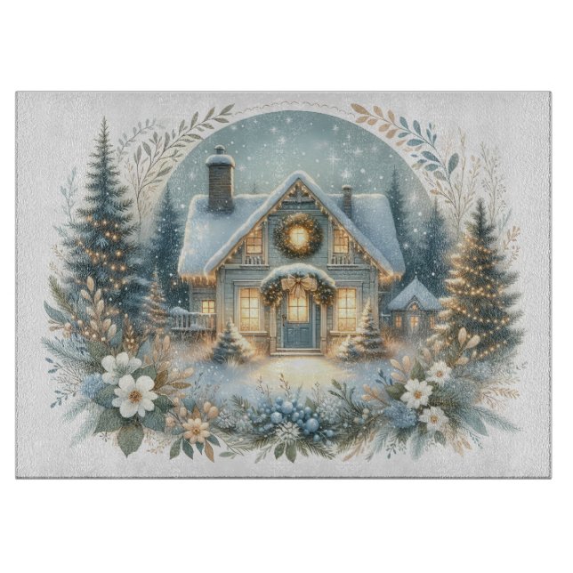 Snowy Cottage Glow Scene Cutting Board (Front)