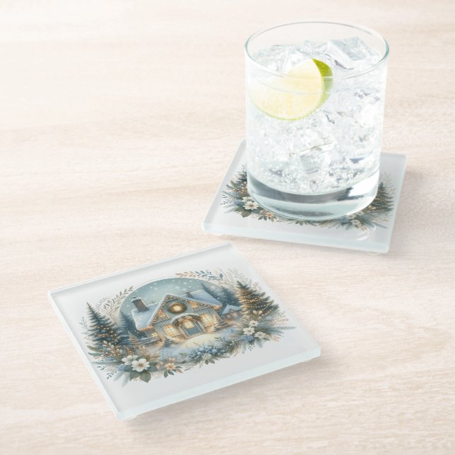 Snowy Cottage Glow Scene Glass Coaster (Angled)