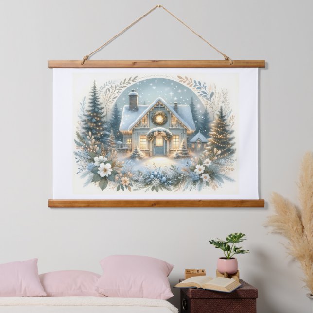 Snowy Cottage Glow Scene Hanging Tapestry (Bedroom)