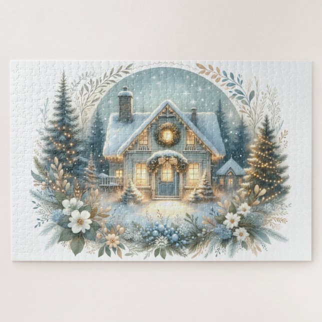 Snowy Cottage Glow Scene Jigsaw Puzzle (Horizontal)