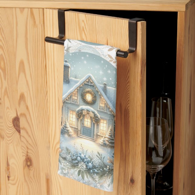 Snowy Cottage Glow Scene Kitchen Towel (Thirds Fold)