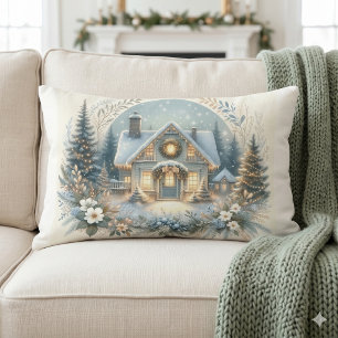 Snowy Cottage Glow Scene Lumbar Pillow