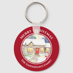 Snowy Cottage Snowman Watercolor Red Circle Keychain