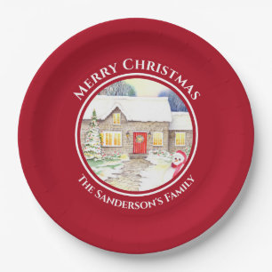 Snowy Cottage Snowman Watercolor Red Circle Paper Plate