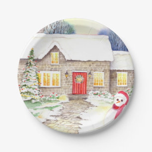 Snowy Cottage Watercolor Painting Paper Plate
