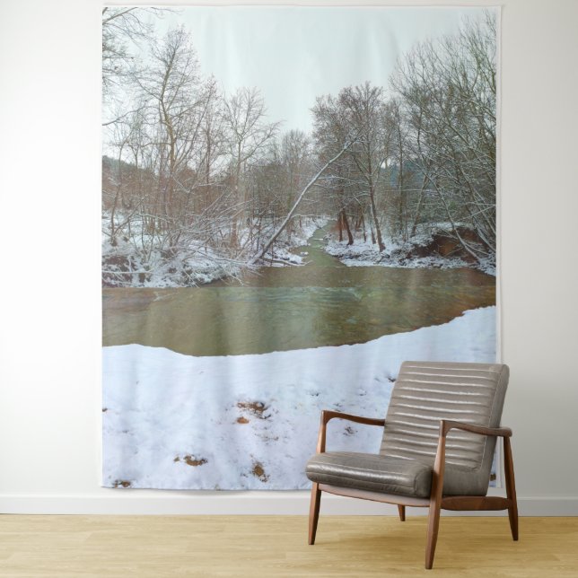 Snowy Creek Forest Winter Scene Nature Backdrop Tapestry (In Situ)