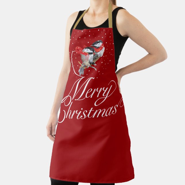 Snowy Cuddling Christmas Chickadees Apron (Insitu)