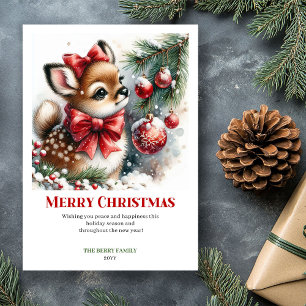 Snowy Cute Fawn Watercolor Forest Christmas Card