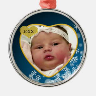 Snowy Dark Blue Baby's Birth Year Photo Christmas Metal Ornament