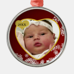 Snowy Dark Red New Baby Photo Birth Date Christmas Metal Ornament