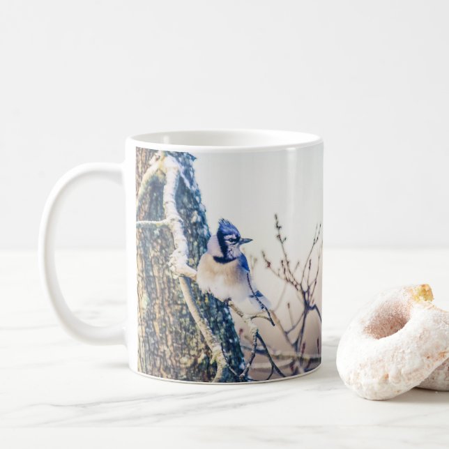 Snowy Day Blue Jay Bird Nature Coffee Mug (With Donut)