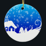 Snowy Day Ceramic Ornament<br><div class="desc">A blue and white wintry design with snowflakes in the sky,  snow covered house and pines and swirling snow to the right.</div>