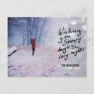 Snowy Days Cozy Nights Script Bokeh Holiday Photo Postcard