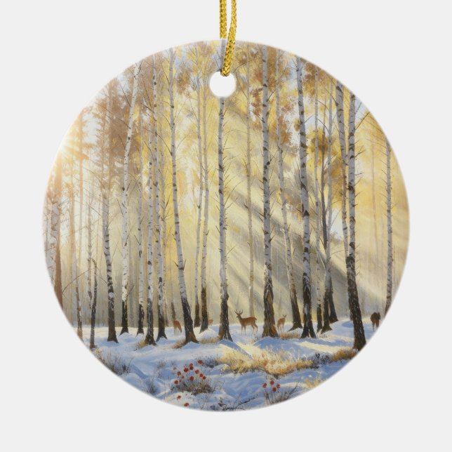 Snowy Deer Birch Ornament (Front)