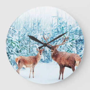 Snowy Deer Family Winter Scene Large Clock