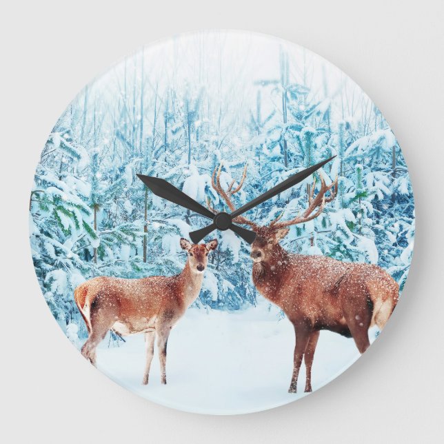 Snowy Deer Family Winter Scene Large Clock (Front)