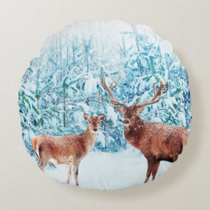 Snowy Deer Family Winter Scene Round Pillow