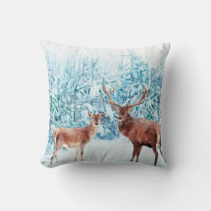 Snowy Deer Family Winter Scene Throw Pillow