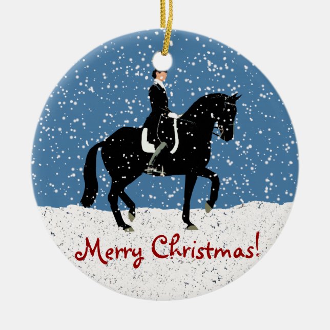 Snowy Dressage Horse Christmas Ceramic Ornament (Front)