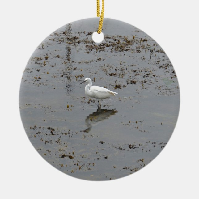 Snowy Egret Ceramic Ornament (Front)