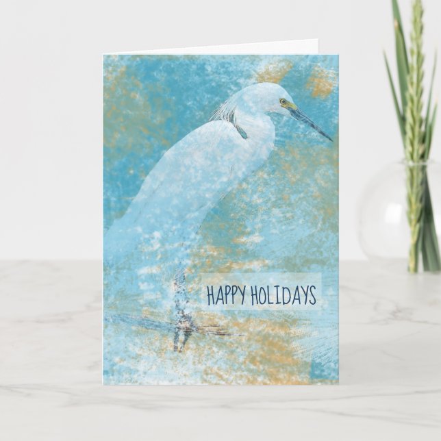 Snowy Egret Coastal Art Holiday Card (Front)