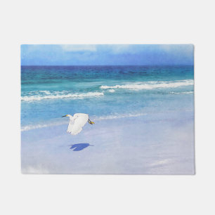 Snowy Egret Coastal Watercolor Doormat