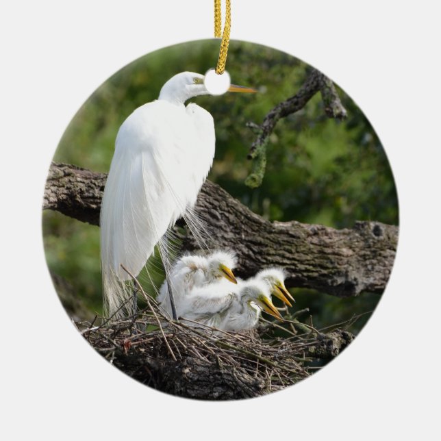 Snowy Egret Family Ceramic Ornament (Front)