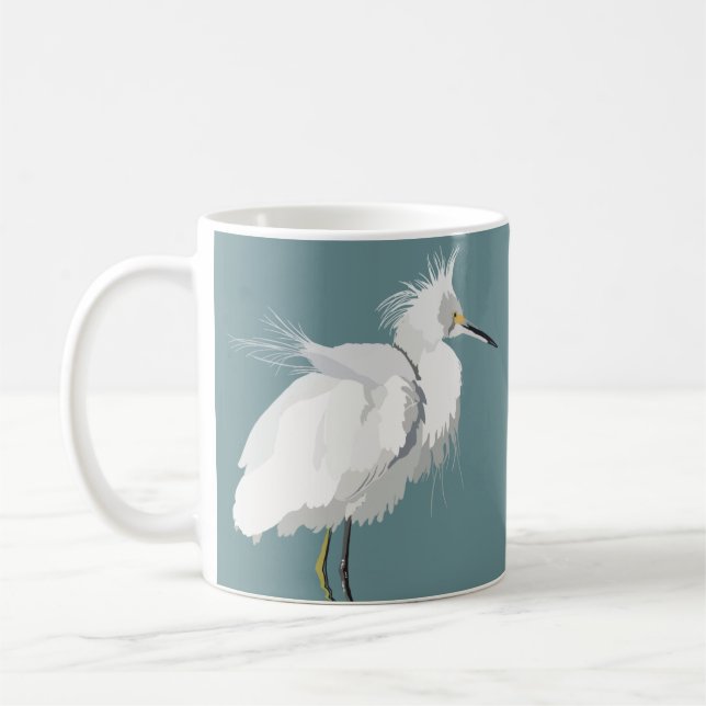 Snowy Egret on Light Teal Coffee Mug (Left)