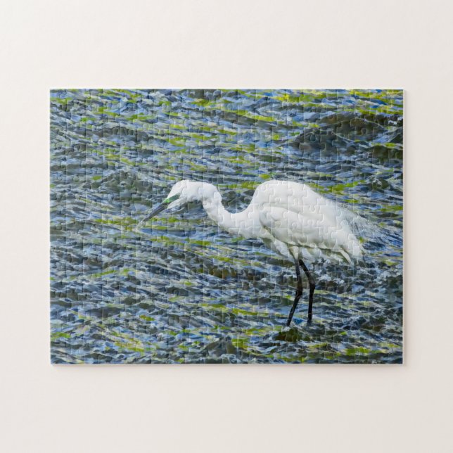 Snowy Egret with Blue & Green Lake Fractal Art Jigsaw Puzzle (Horizontal)