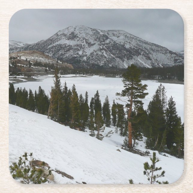 Snowy Ellery Lake California Winter Landscape Square Paper Coaster (Front)