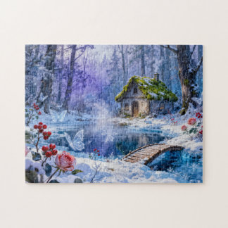 Snowy Enchanted Forest Cottage with Bridge and Glo Jigsaw Puzzle