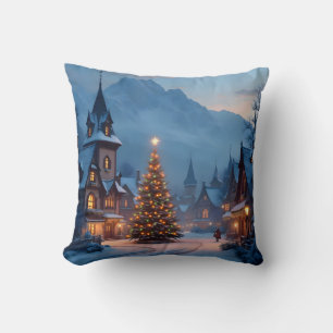 Snowy Eve In The Square – Holiday Village Scene Throw Pillow