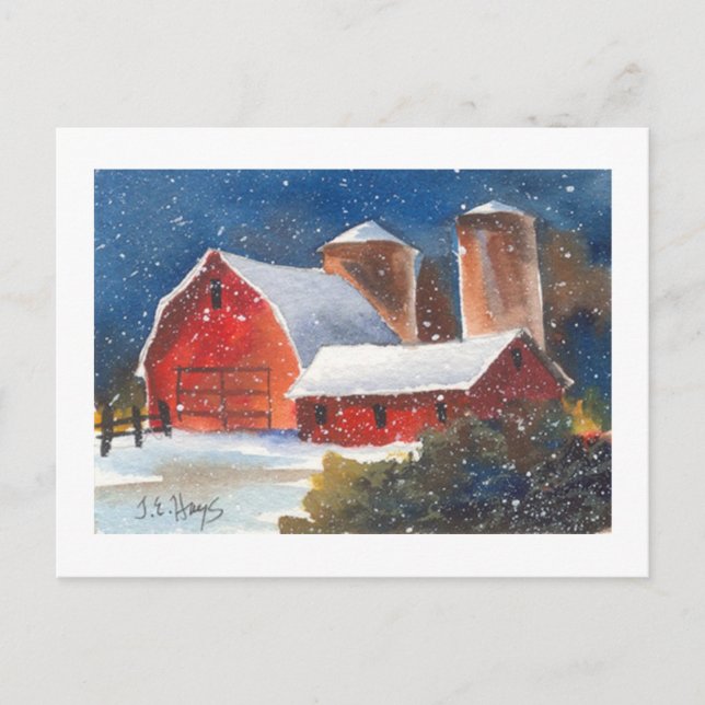 Snowy Evening Barns & Silos Postcard (Front)