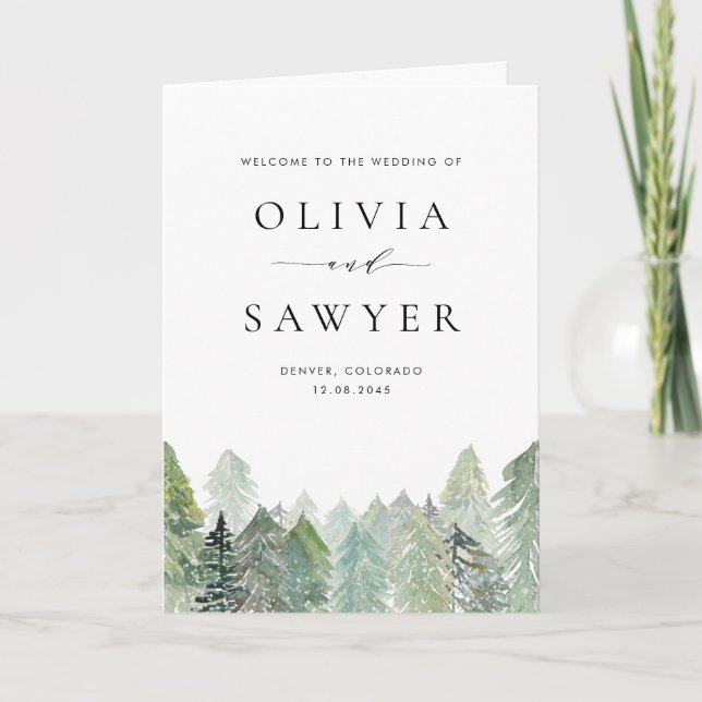 Snowy Evergreen Landscape Winter Wedding Booklet Program (Front)