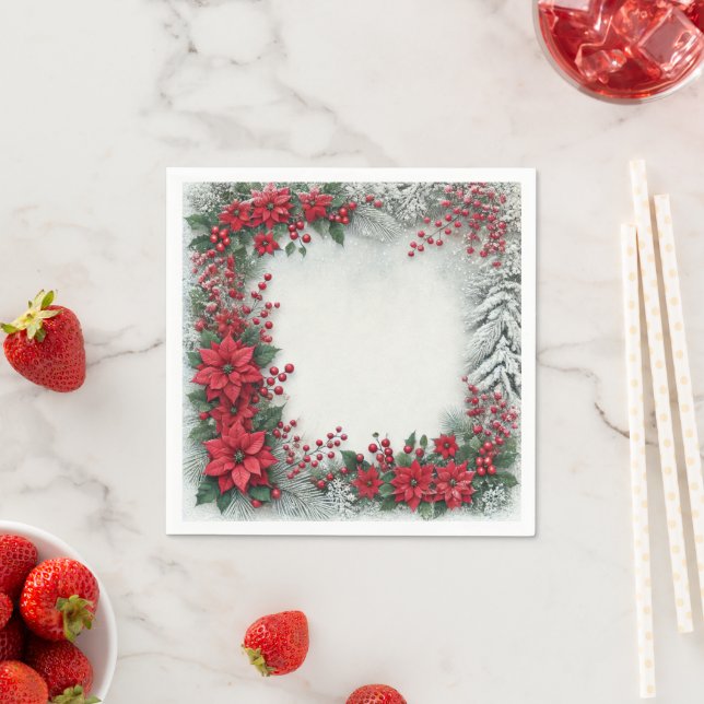 Snowy Evergreen Poinsettia Floral Frame Decoupage Napkin (Insitu)