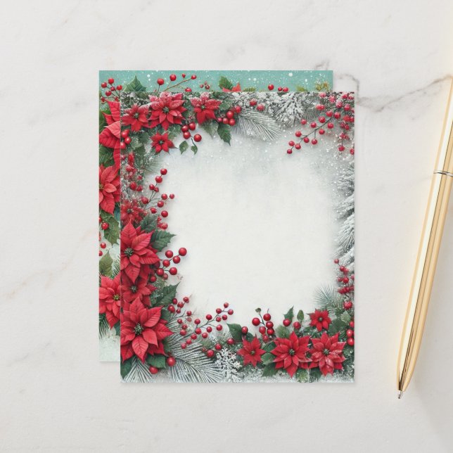 Snowy Evergreen Poinsettia Frame Scrapbook Paper (Front/Back In Situ)