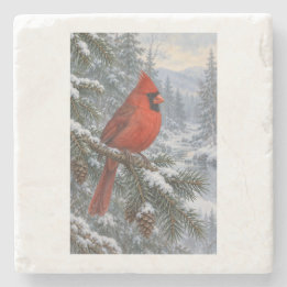 Snowy Evergreen with a Bright Red Cardinal Stone Coaster