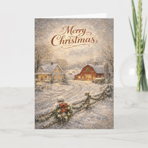 Snowy Farmhouse and Red Barn Merry Christmas Holiday Card