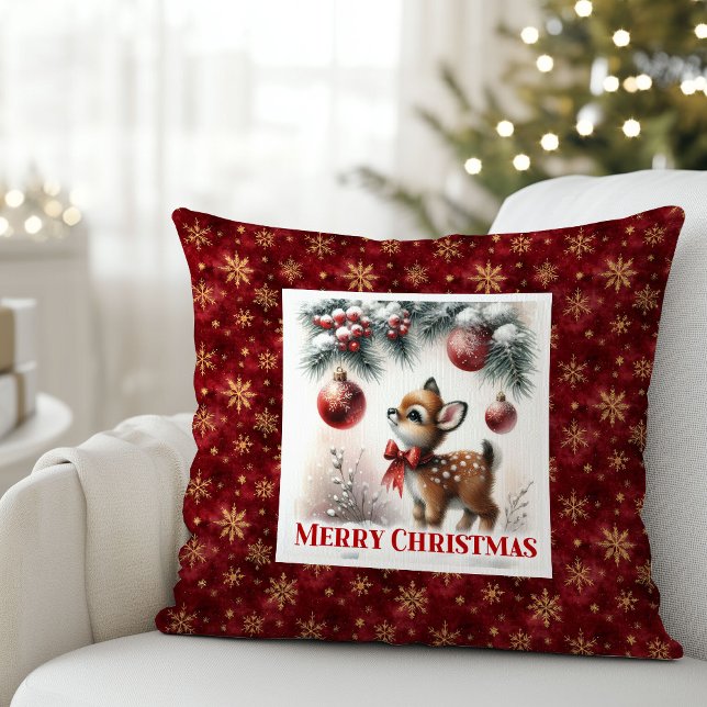 Snowy festive scene baby fawn Christmas pillow  (Snowy festive scene baby fawn Christmas pillow (49))
